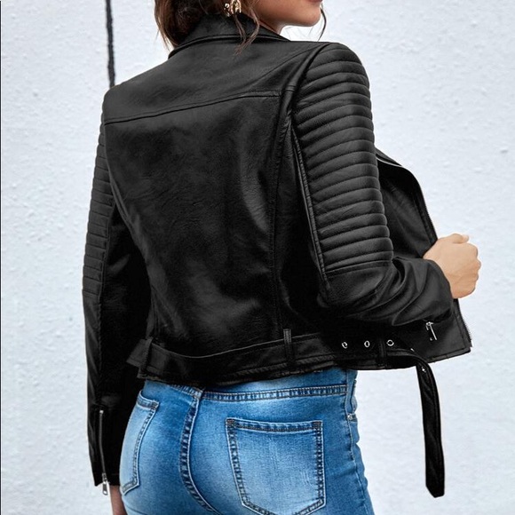 🖤 MOTO BLACK FAUX LEATHER BELTED BIKER JACKET! - Picture 2 of 6